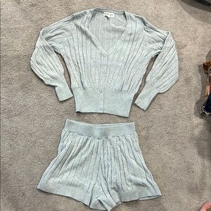 Cozy Ribbed Knit Cardigan & Short Set - Light Blue